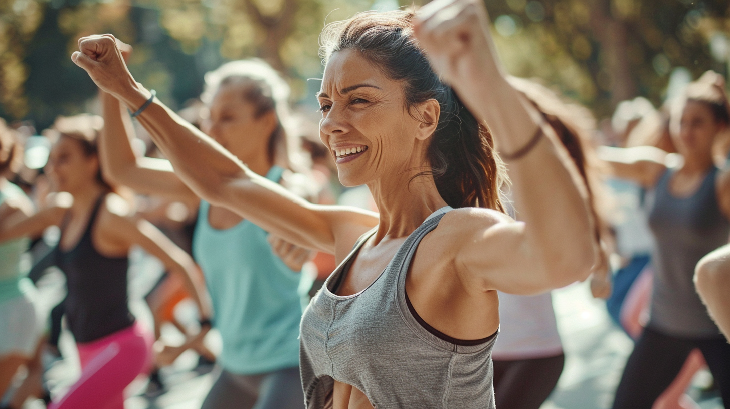 Люди різного віку займаються активними фізичними вправами в групі